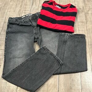 2 Piece Cat & Jack Black Denim Jeans & Red Striped Long Sleeve Shirt Size 12
